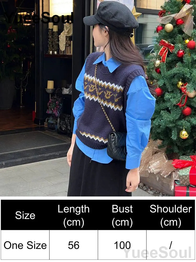 Blue Argyle Women's Vest Plaid Sleeveless Pullover Loose Knitted Sweater Vest 2026 New Autumn Y2K Casual Oversized Waistcoat