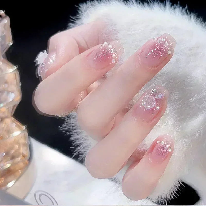 24pcs Cute Girly Short Square False Nails Sweet White French Nail Glitter Star Rhinestones Nail Art Cat Eye Bow Press On Nails