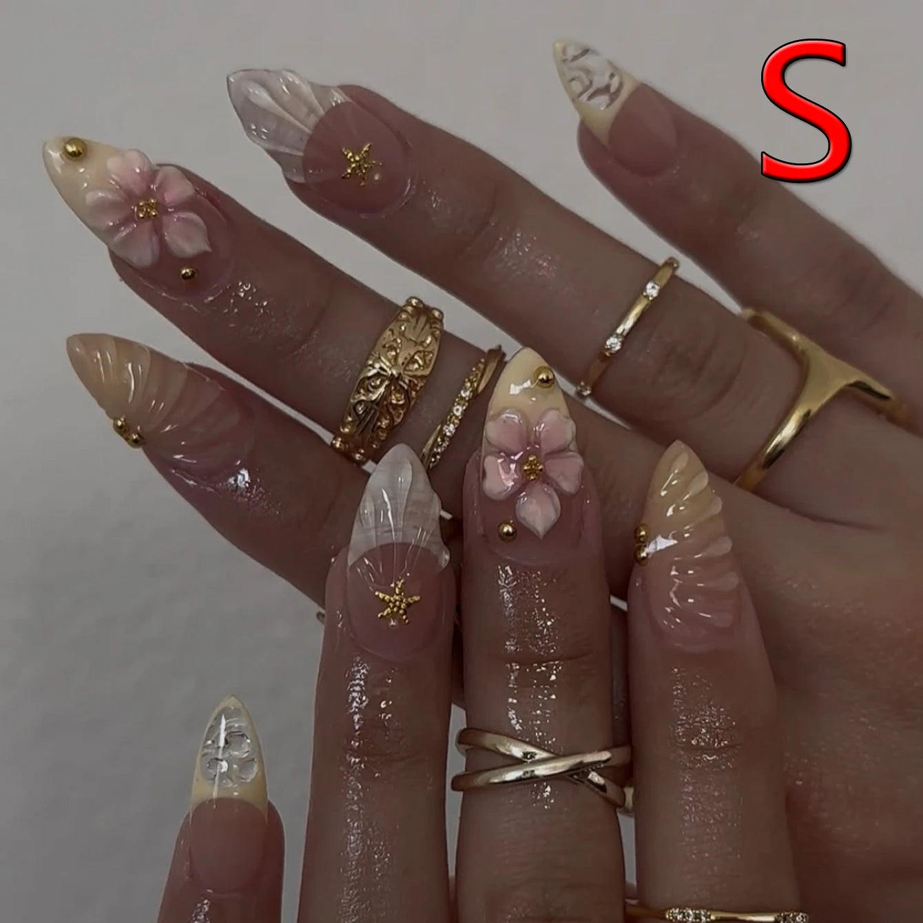 y2K 10PCS Hand Made Press On Nail-Short Almond Glue On Nails-Tropical Flowers Starfish And Golden Pearls Press One As gifts