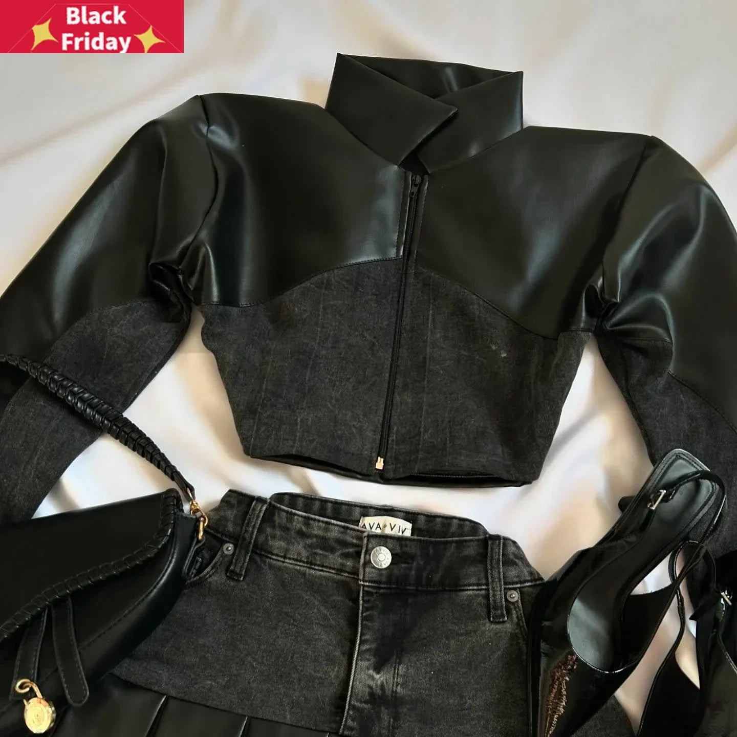 Y2K Black Leather Spliced Piece Set Denim Two Women Harajuku Zipper Long Sexy Sleeved Jacket Pleated Skirt Motorcycle Suit