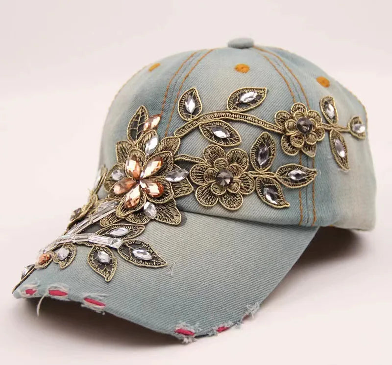 Ladies' Denim Hat Handcrafted Diamond-Studded Baseball Cap Floral Hat Fashion Rhinestone Visor Cap