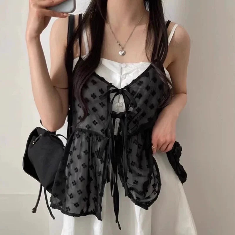 Mesh See-Through Lace-Up Camisole Top | Inspired by Ningning
