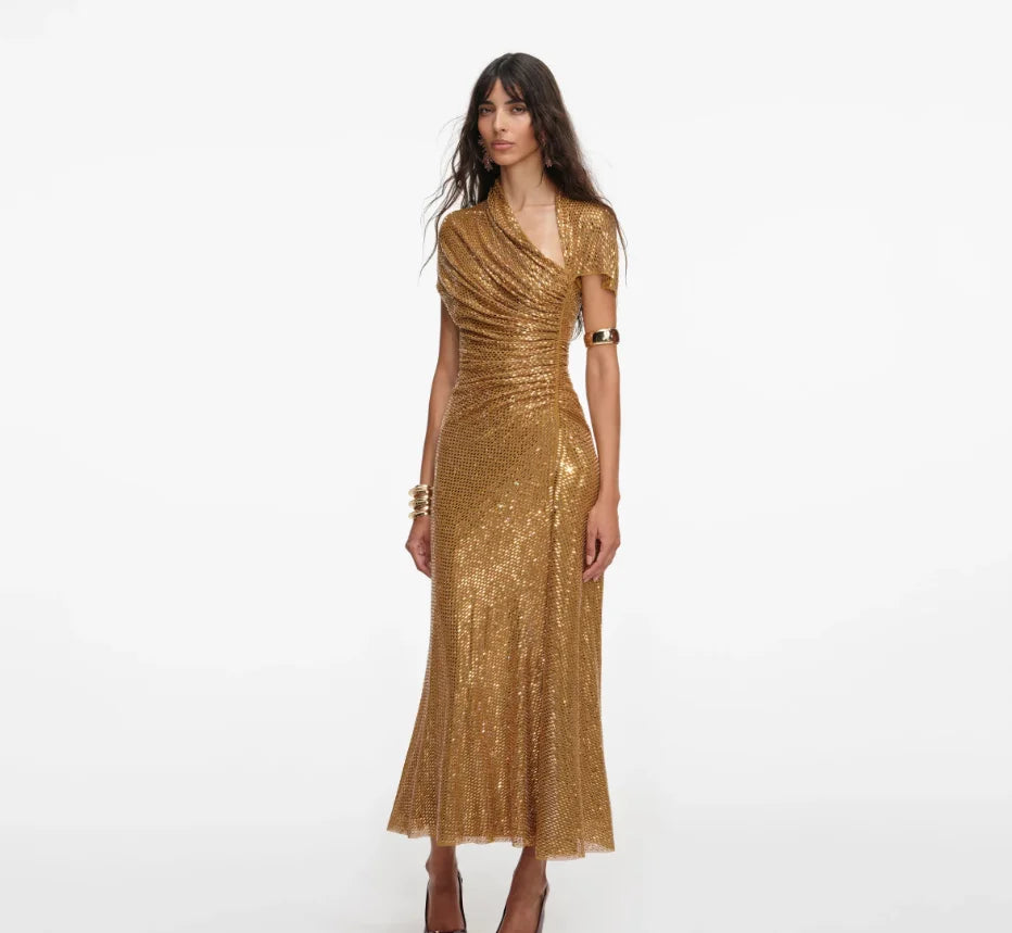 Short Sleeve Slim Fit Sequined Pleated Sheath Mid-Calf Evening Party Dress | Inspired by Beren Saat