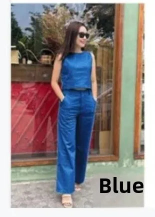Women's Cotton Linen Set Casual Fashion Wide Leg Pants Sleeveless Pockets Solid Color Ensemble Elegant Versatile Outfit