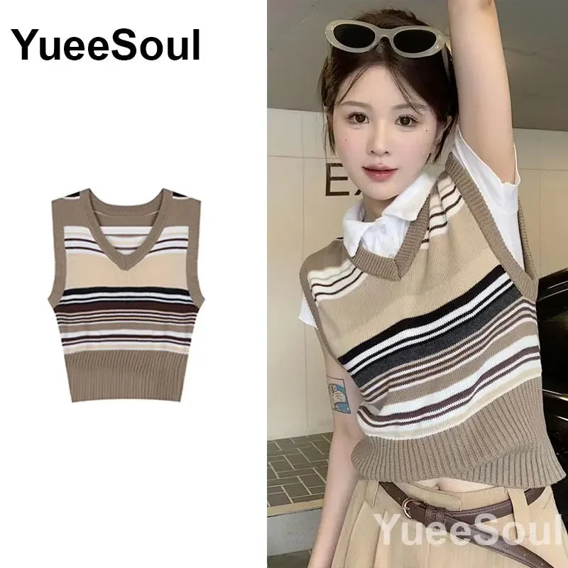 Vintage Knitted Women Sweater Vest American Y2K Aesthetic Sweet Cute 90s Slim Crop Waistcoat 2023 New Plaid Sleeveless Knitwears