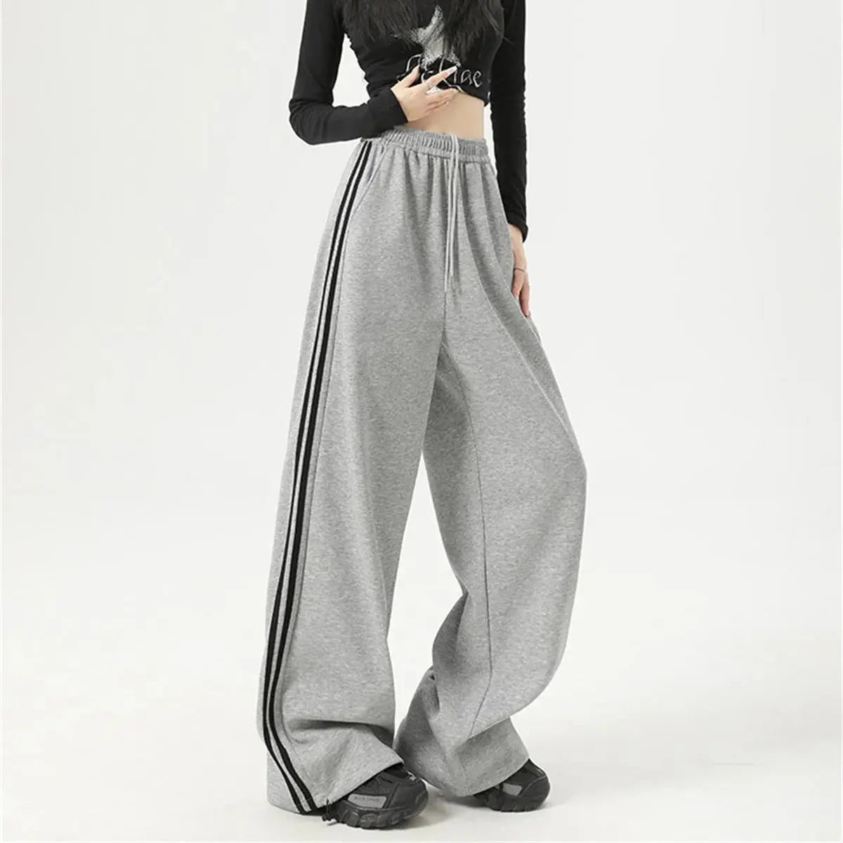 Women Stripe Chic Straight Pant Autumn Spring Retro Sports Sweatpants High Waist Color Blocked Trouseres Lady Casual Streetwear