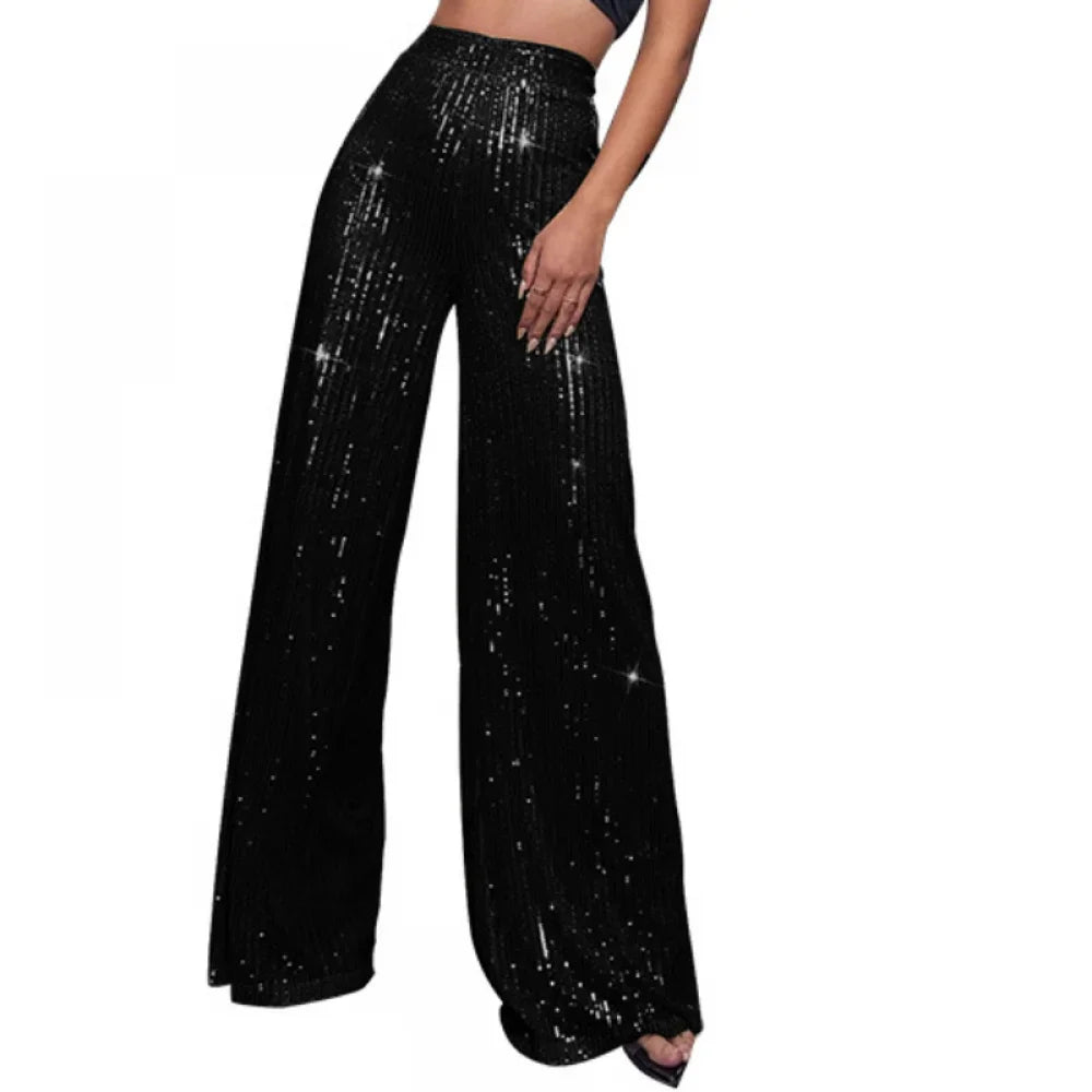 New Women Casual Sequin Sparkle Glitter Pants High Waist Flared Pants Elastic Loose Wide Disco Trousers Clubwear  Costumes