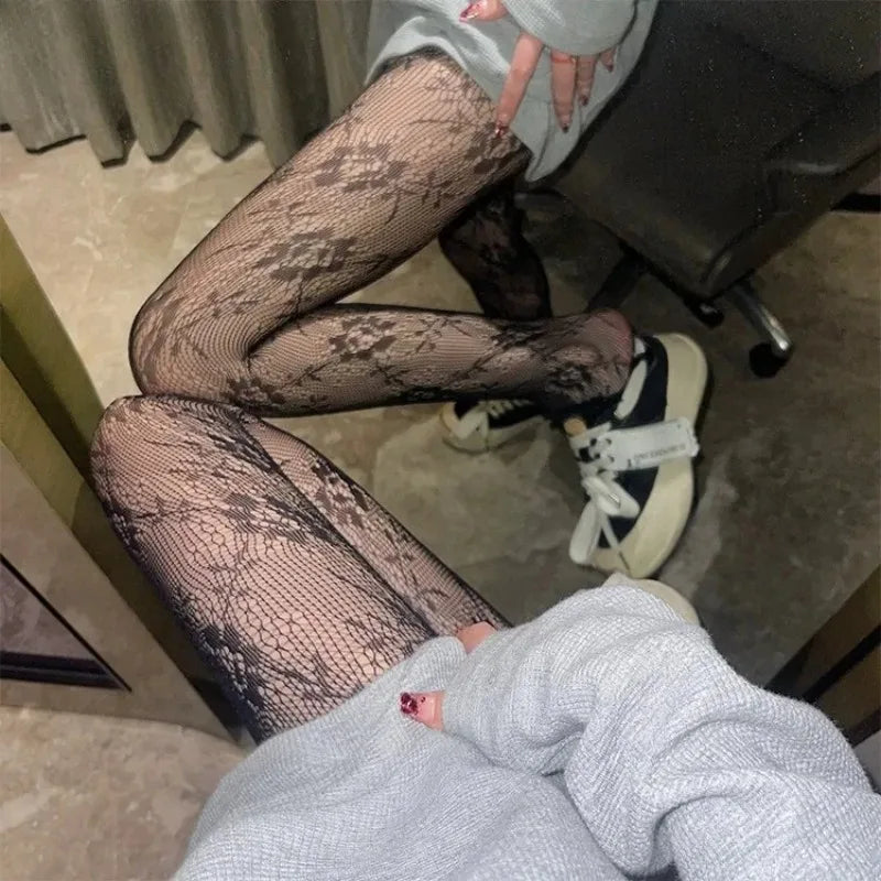 Women Floral Lace Tights Summer Mesh Sexy Hollowed Out Thin and Breathable Retro Punk Y2k Pantyhose Individual Fishnet Stockings