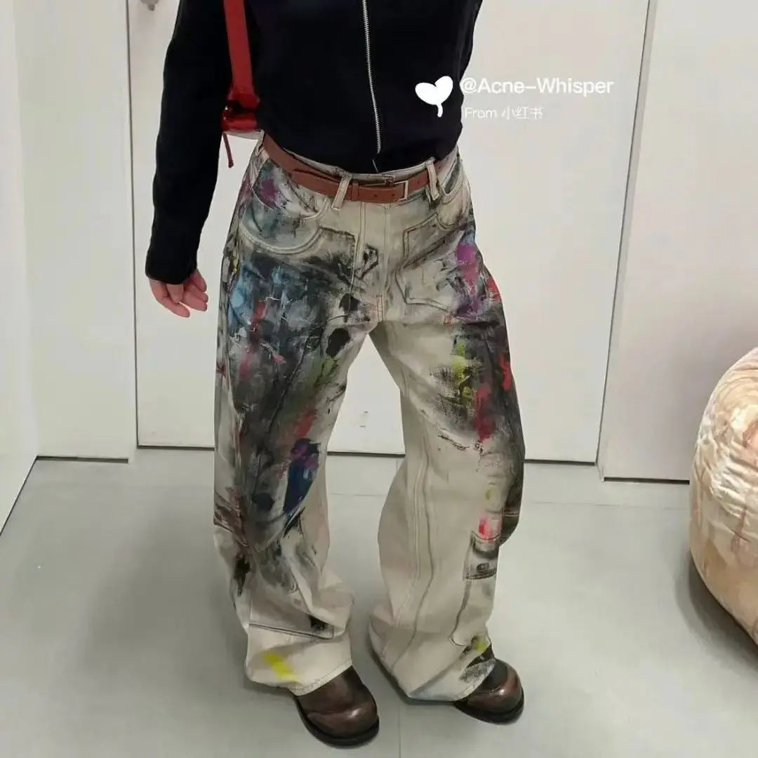 Vintage Graffiti Printed Jeans Women High Waisted Baggy Wide Leg Pants y2k Punk Trousers Fashion Pocket High Street Denim Pants