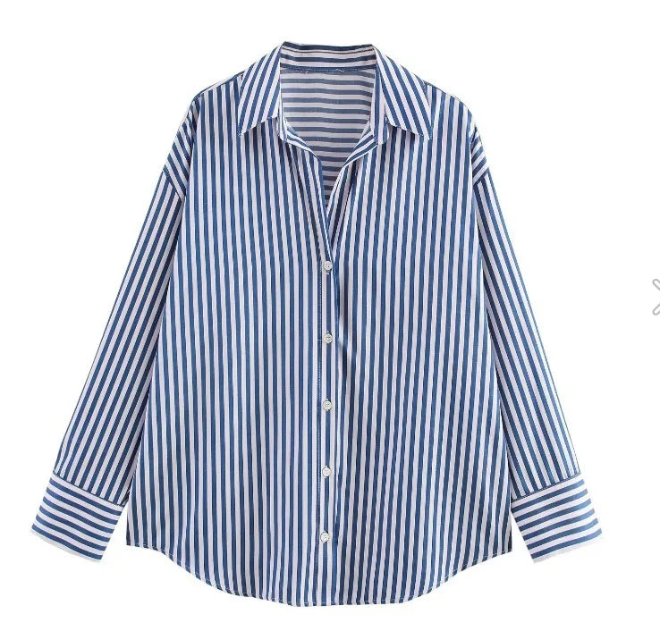 Striped Collar Shirt Oversized Single Long Sleeve Shirt Casual Stylish Loose Chic Button Shirt Spring Womens Versatile Top
