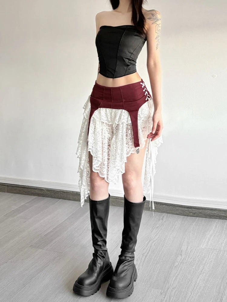 2026 Y2k Aesthetic Irregular Lace Mini Skirts Women High Waist Patchwork See Through Skirt Harajuku A-line Grunge Fairy Faldas