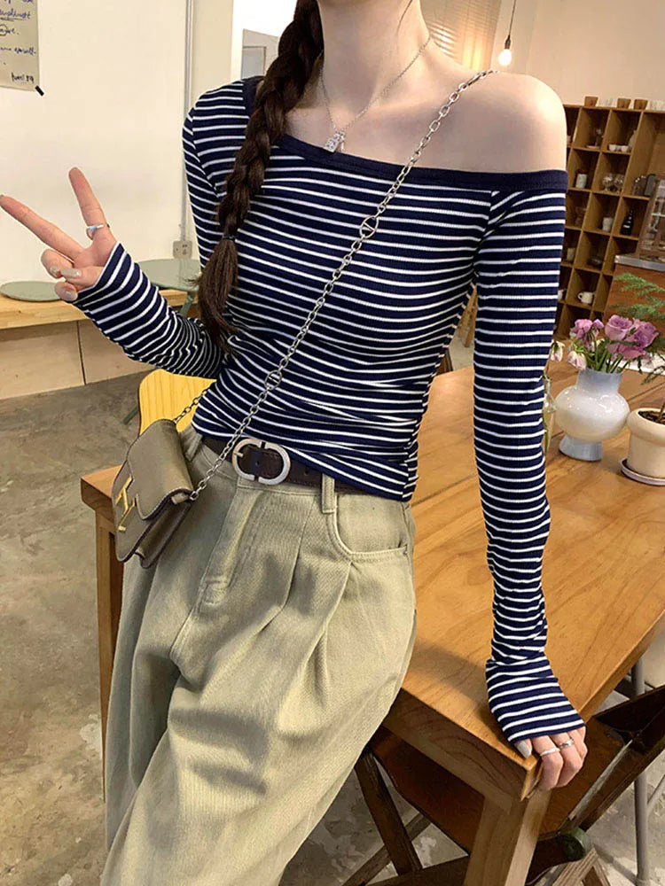 2025 New Spring Summer Vintage Striped Women's T-shirt Long Sleeve One Shoulder Casual Korean Bottom Shirts Tops Female