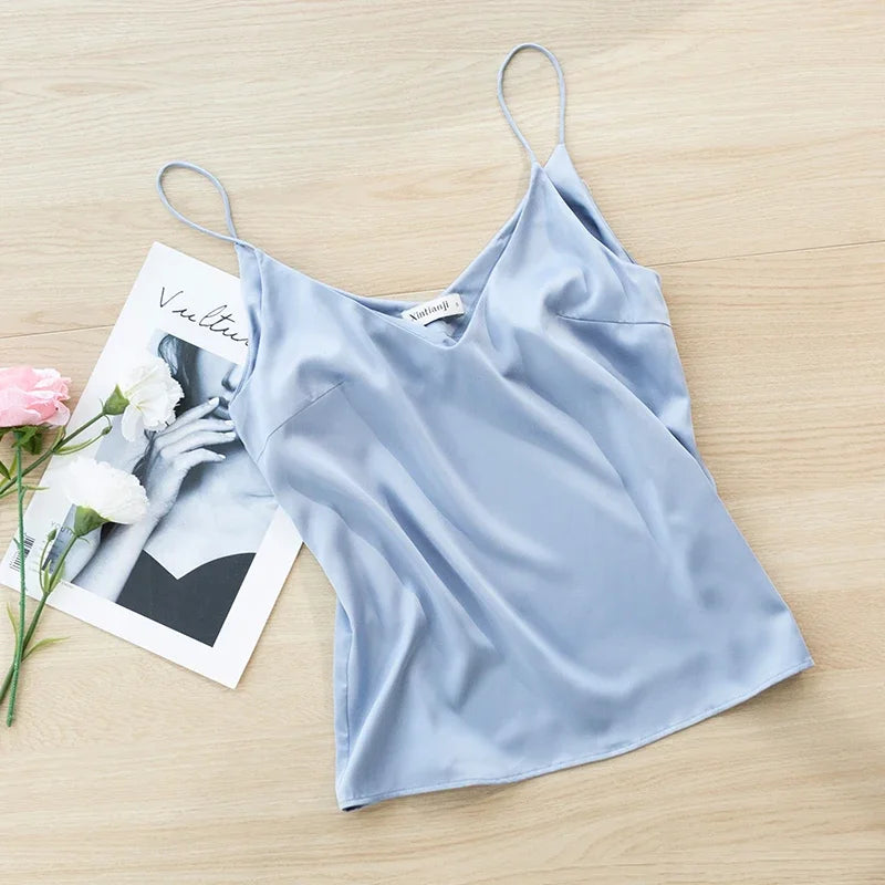 Sexy V-neck Satin Camisole Top Chic High Quality Outer Wear Inner Bottom Top With Suit Summer New Ladies Sleeveless Tank Tops