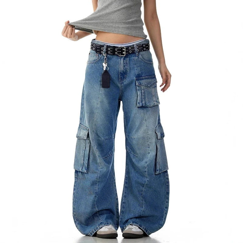 American Style Jeans Curved Knife Wide Leg Washed Worn-out with Multiple Pockets Men Loose Casual Floor Denim Jeans
