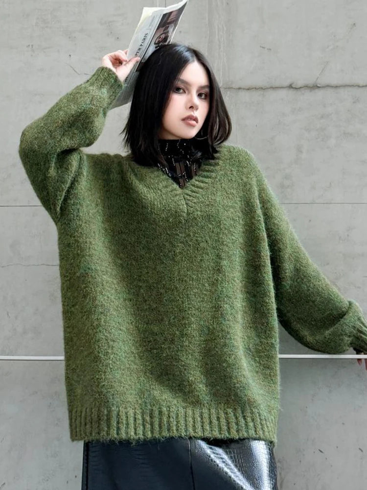 YERMORA Green Big Size Brief Casual Pullover For Women V-Neck Long Sleeve Loose New Sweater Fashion Tide Autumn Winter 2025