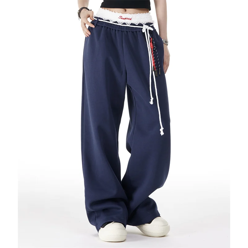 Blue Sweatpants Women Harajuku High-Waisted Loose Fashion Casual Wide-Leg Pants Lazy Tie Street Dance Jazz Hip-Hop Trousers