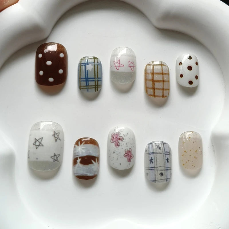 10Pcs Korean Style Candy Color Star and Heart Press On Nails Little Fresh Style Cat-eye Reusable Fake Nail Art Patch Stickers
