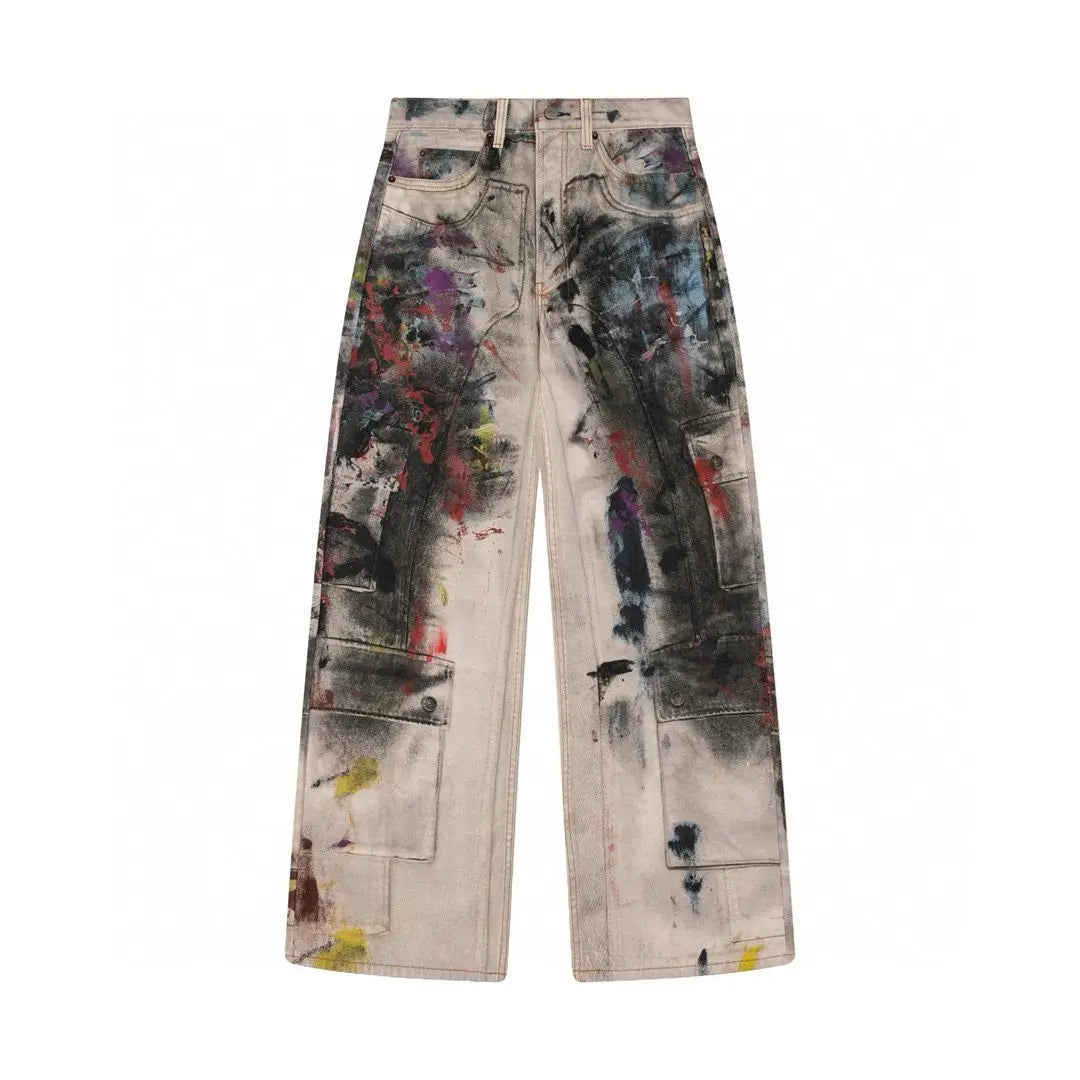 Vintage Graffiti Printed Jeans Women High Waisted Baggy Wide Leg Pants y2k Punk Trousers Fashion Pocket High Street Denim Pants