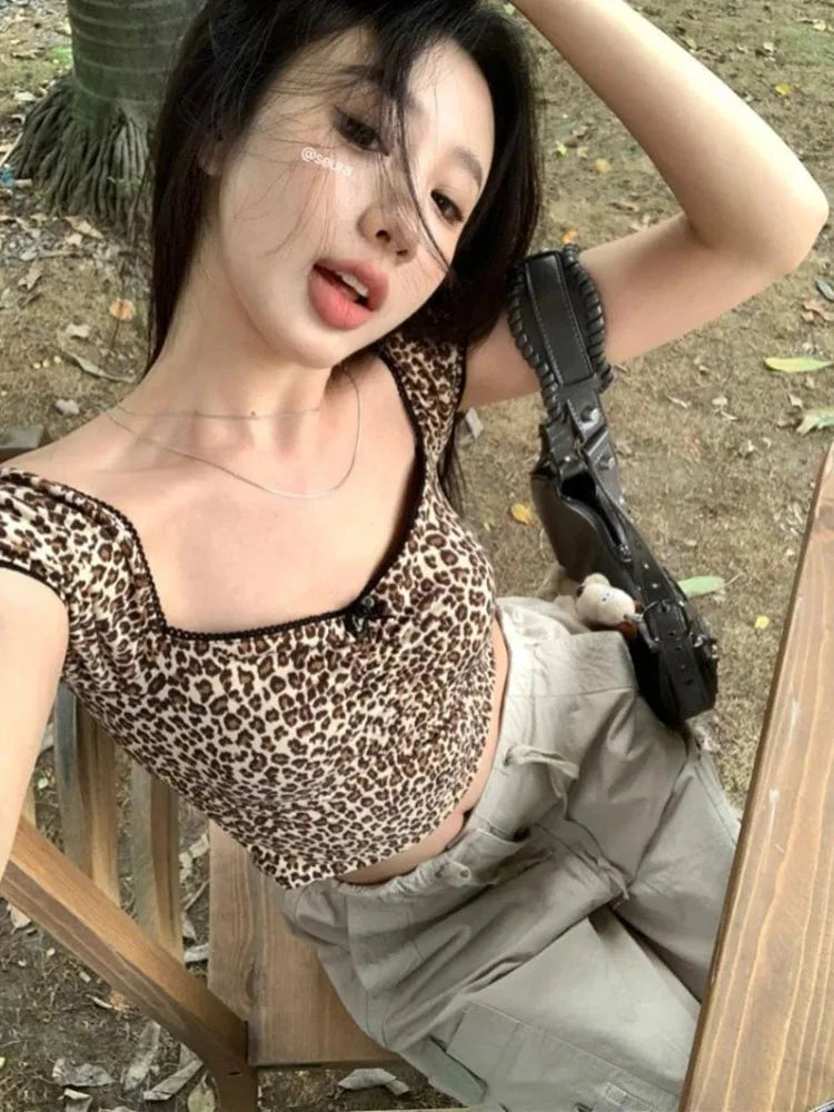 Sexy Leopard Print T Shirts Women's Crop Tops 2026 Ropa Mujer Square Collar Short Sleeve Tunic Tees Casual Chic Summer Tshirt