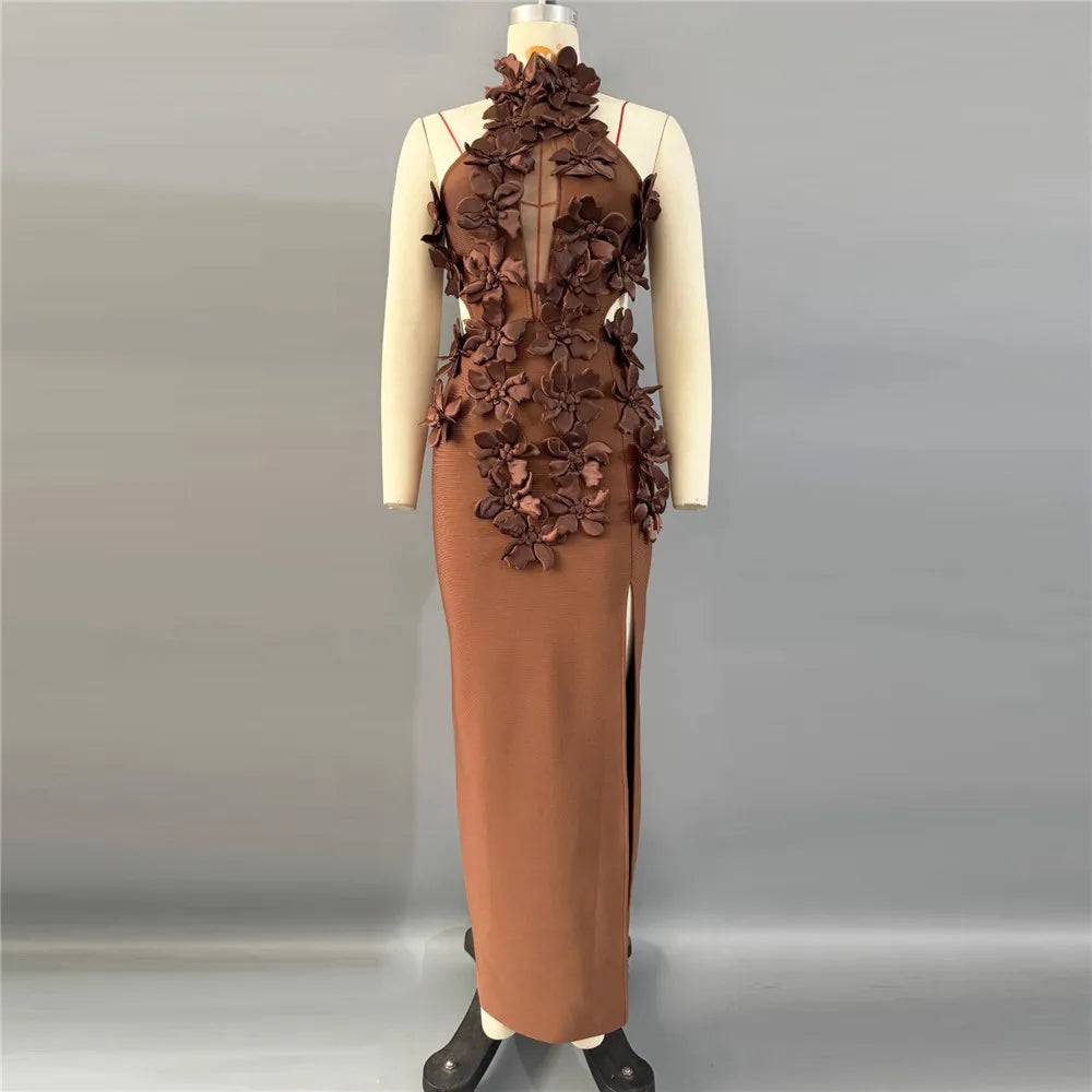 Halter Patchwork Appliqués Bandage Sheath Ankle-Length Club Party Dress | Inspired by Beren Saat