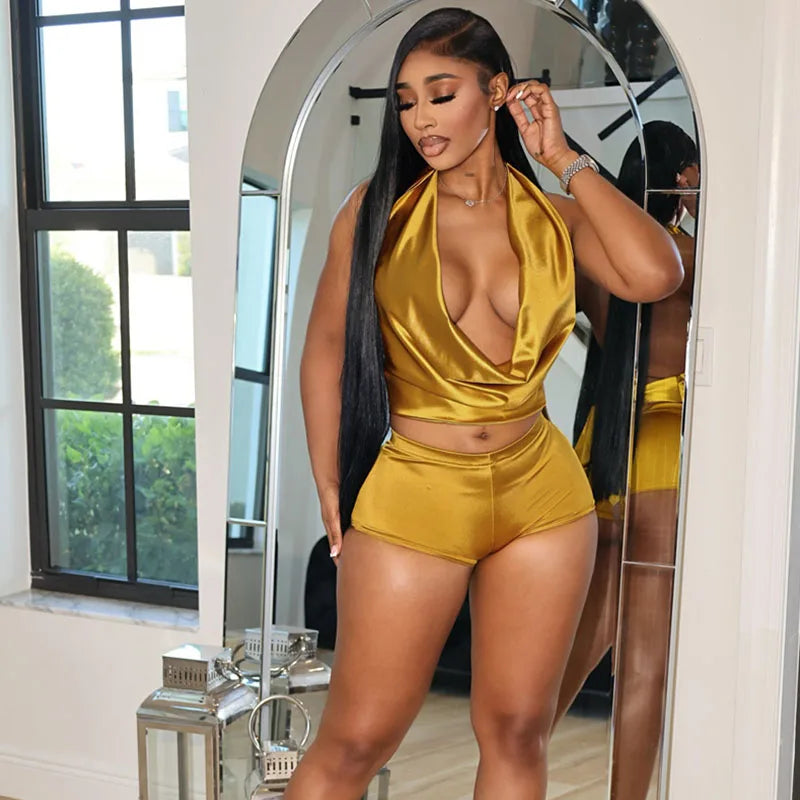 Doyerl Satin Club Festivals Outfits Women Two Piece Sets Sexy Birthday Halter Backless V-neck Ruched Crop Top and Shorts Set