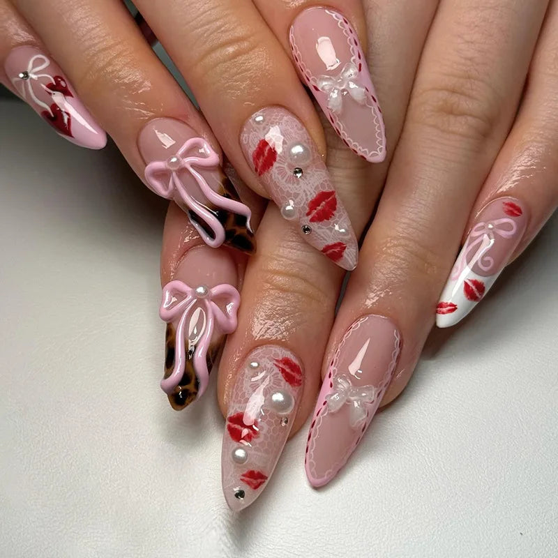 24pcs/30pcs/set Medium long 3D fake nails flowers golden foil bow rhinestones pink white leopard nail tips press on false nails