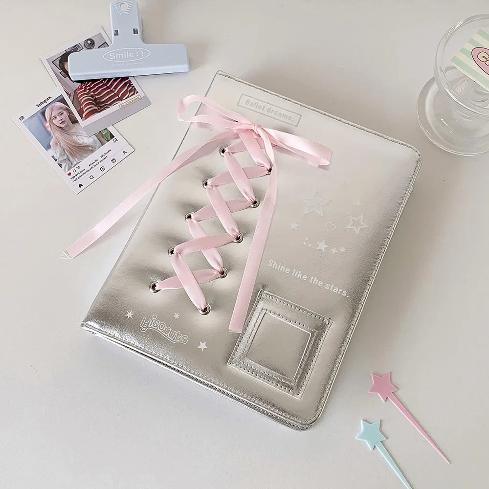 A5 A7 Silver PU Leather Photocard Binder Album Photos Cards Book Pink Bowtie Decor Instax Mini Collect Scrapbooking Scrap Album