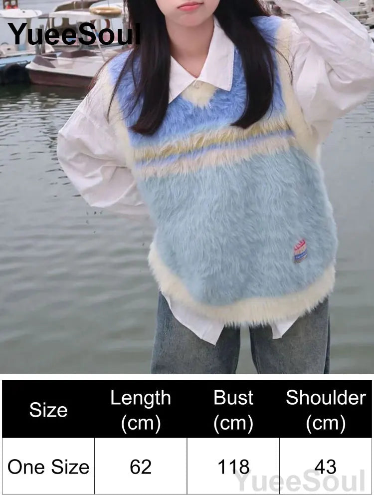 Blue Argyle Women's Vest Plaid Sleeveless Pullover Loose Knitted Sweater Vest 2026 New Autumn Y2K Casual Oversized Waistcoat