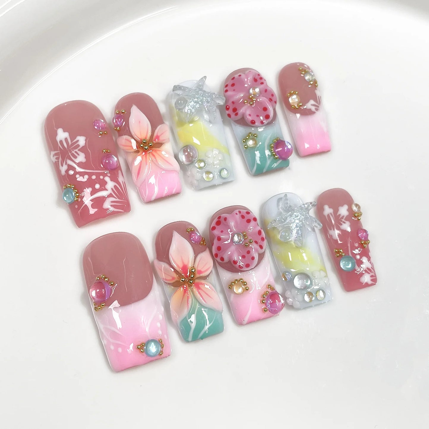 10pcs Dreamy Ocean Press on Nails 3D Flower Pearl Starfish Nail Art Gradient French False Nails Sweet Cool Square Fake Nails Tip