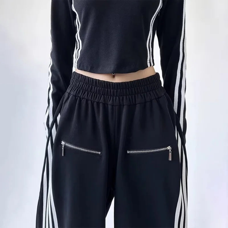 2026 Ropa Y2K Streetwear Striped Patchwork Elastic Waist Baggy New Pants For Women Wide Leg Drawstring Sweatpants Lady Trousers