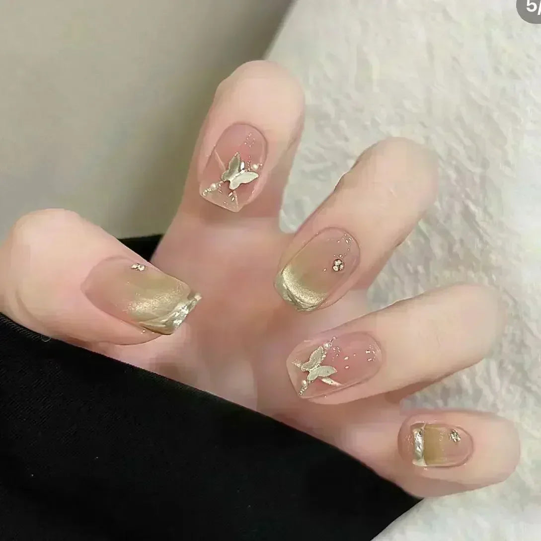 24pcs Cute Girly Short Square False Nails Sweet White French Nail Glitter Star Rhinestones Nail Art Cat Eye Bow Press On Nails