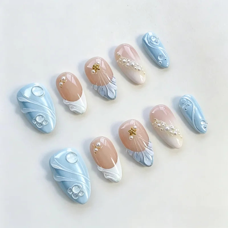 30Pcs False Nails Summer Ocean Style with Cool 3D French Tips High-Quality Press-On Nails Perfect As A Gift for Girls and Friend