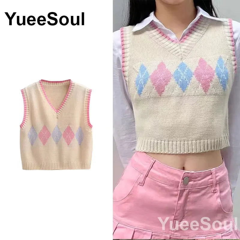 Vintage Knitted Women Sweater Vest American Y2K Aesthetic Sweet Cute 90s Slim Crop Waistcoat 2023 New Plaid Sleeveless Knitwears