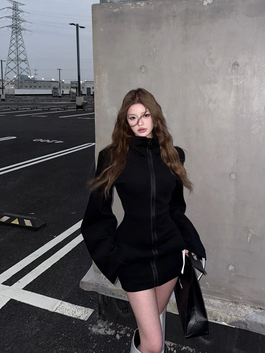 Japanese Harajuku style hot girl Y2K retro stand up collar big zipper black elastic body women's hoodie autumn hot girl tops emo