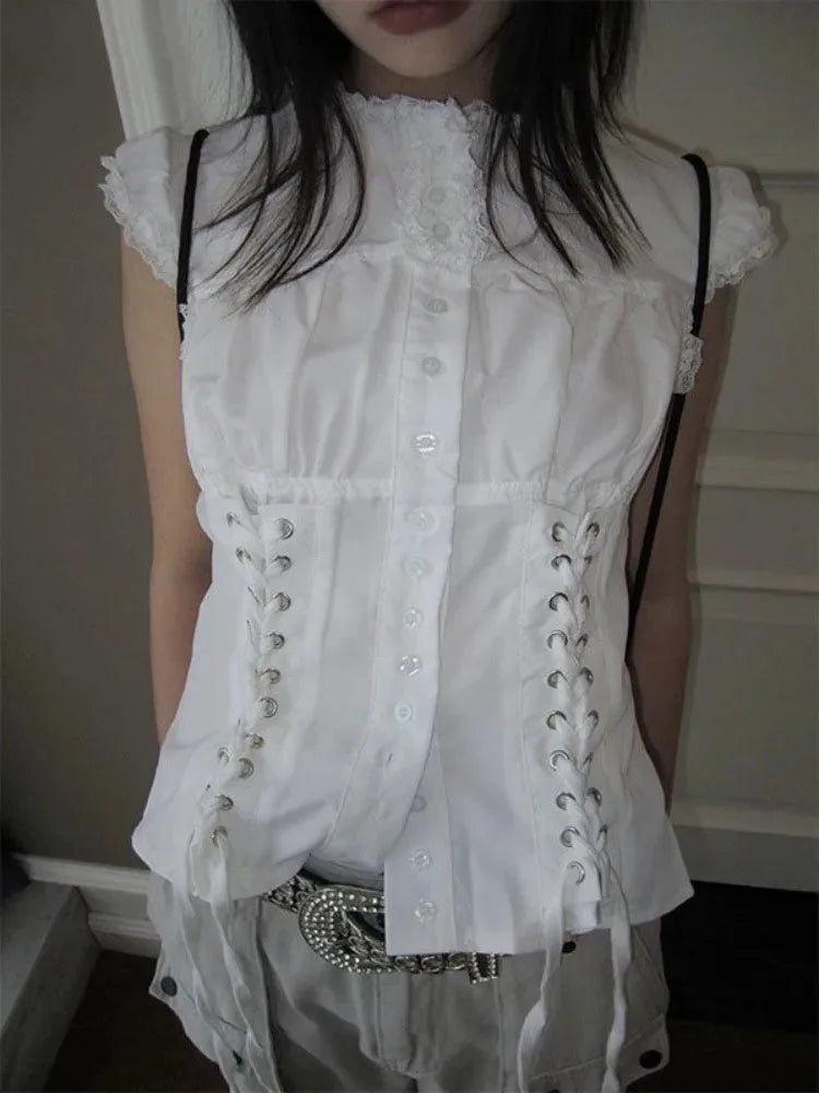 Y2k Aesthetic Ladies Single Breasted Tops Harajuku Vintage Bandage Grunge Shirt Women Lace Patchwork Slim Sweet Cropped Blouse