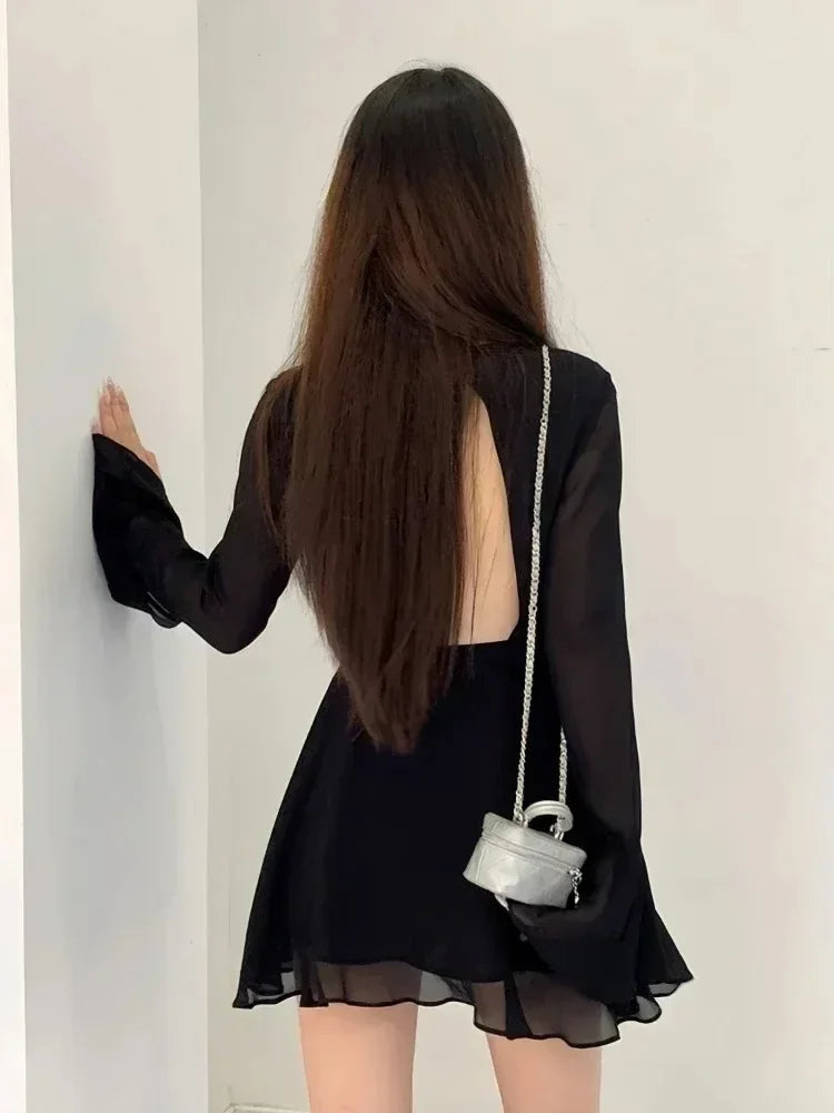 Sexy Backless Black Dress Women Back Hollow Out Lace-up Long Sleeve Mesh Patchwork Dress Elegant Slim Ruffle Mini Dress Party