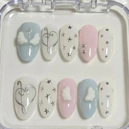 10 pieces of hand-pressed almond-shaped nails, beautiful fake nails, with angel wing notes, suitable for women