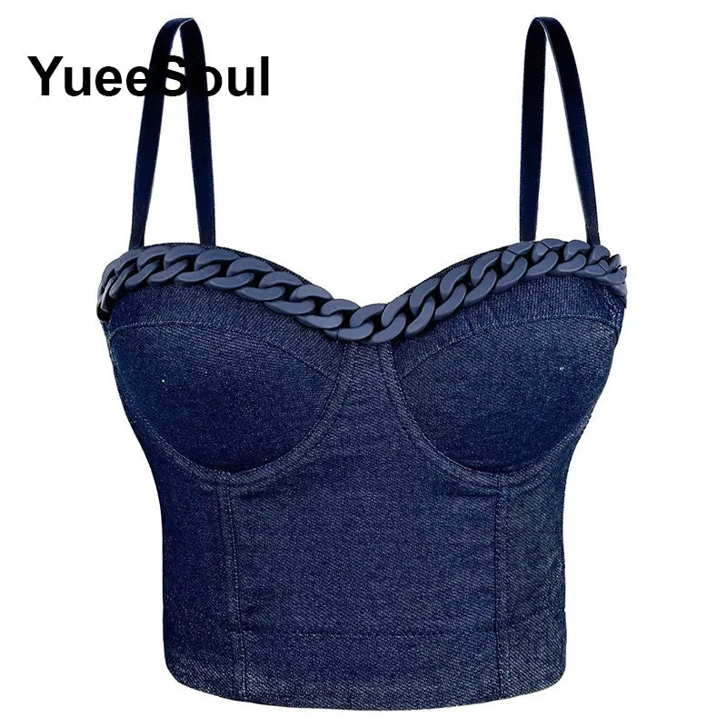 Denim Crop Tops Pearl Tassel Diamond Flower Blue Sleeveless Sexy Corset 2000s 2026 Summer New Y2K Party Evening Woman Clothes