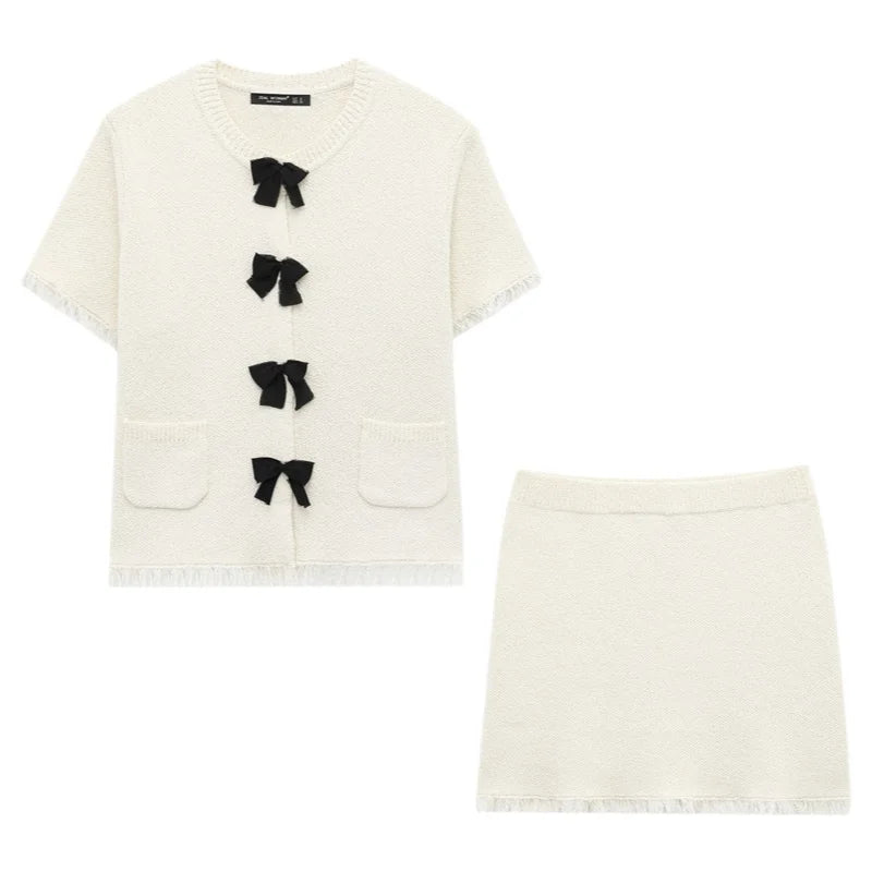 Elegant Knitted Short Sleeve Coat with Butterfly Knot Tassel for Women Summer Casual Set Ice Porcelain Cotton Street Style