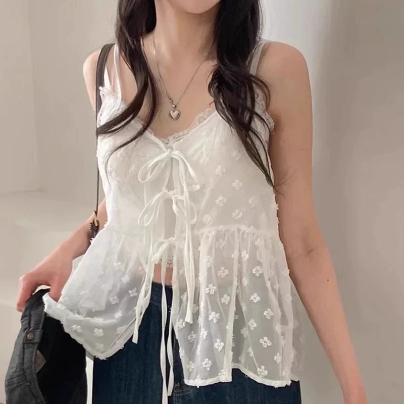 Mesh See-Through Lace-Up Camisole Top | Inspired by Ningning