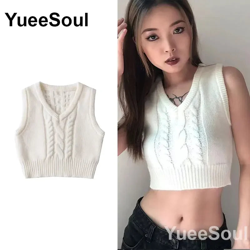 Vintage Knitted Women Sweater Vest American Y2K Aesthetic Sweet Cute 90s Slim Crop Waistcoat 2023 New Plaid Sleeveless Knitwears