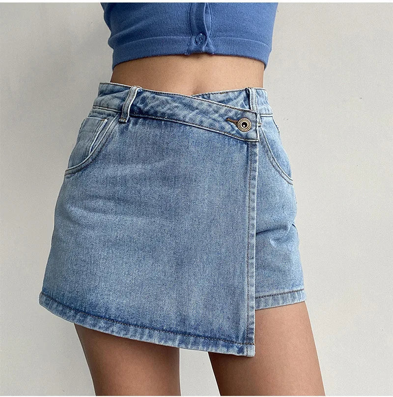 2026 Summer Women High Waist A-line Shorts Light Color Fake Two-piece Design Elegant Slimming Hot Girl Pants Denim Short Skirt