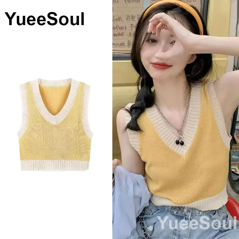 Vintage Knitted Women Sweater Vest American Y2K Aesthetic Sweet Cute 90s Slim Crop Waistcoat 2023 New Plaid Sleeveless Knitwears