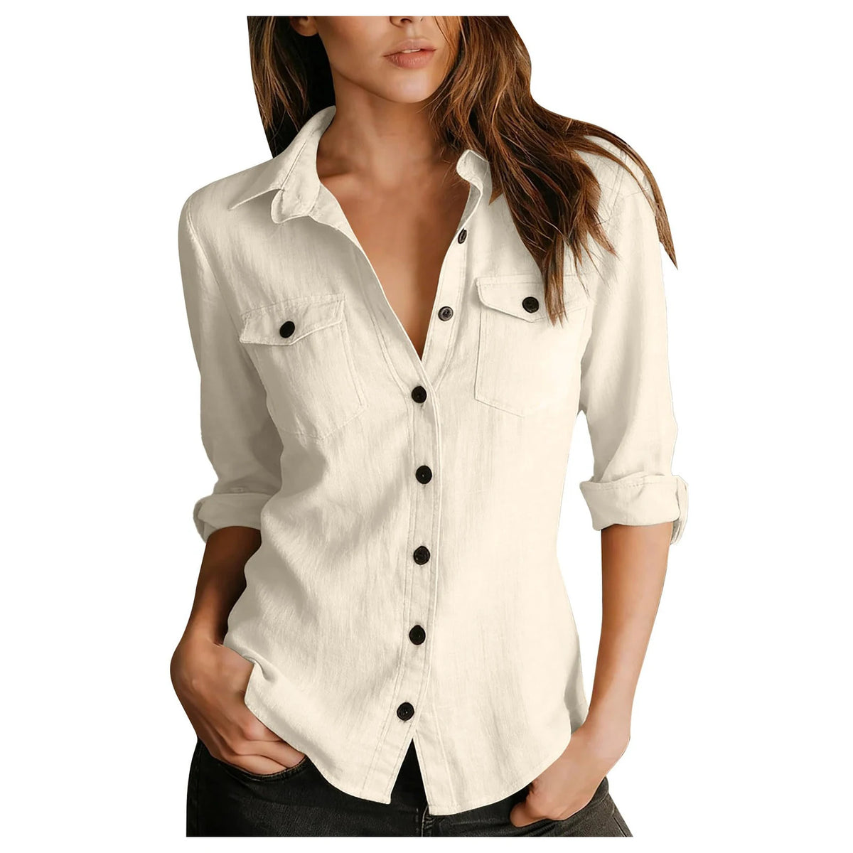 Lightweight Linen Lapel Button-Up Long Sleeve Casual Shirt | Inspired by Beren Saat