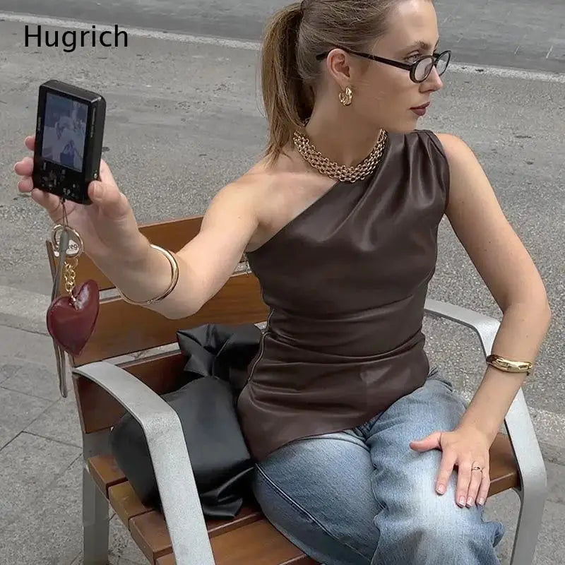 Women's Sexy One Shoulder Asymmetrical PU Leather Top - Sleeveless Bodycon Faux Leather Tank for Summer Party Club Night Out