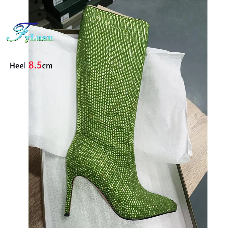 Gorgeous Rhinestones Boots Full Crystal Diamond Star Stage Shoes Women Pointy Knee-high 8.5CM Thin Heel Glitter Party Long Boots
