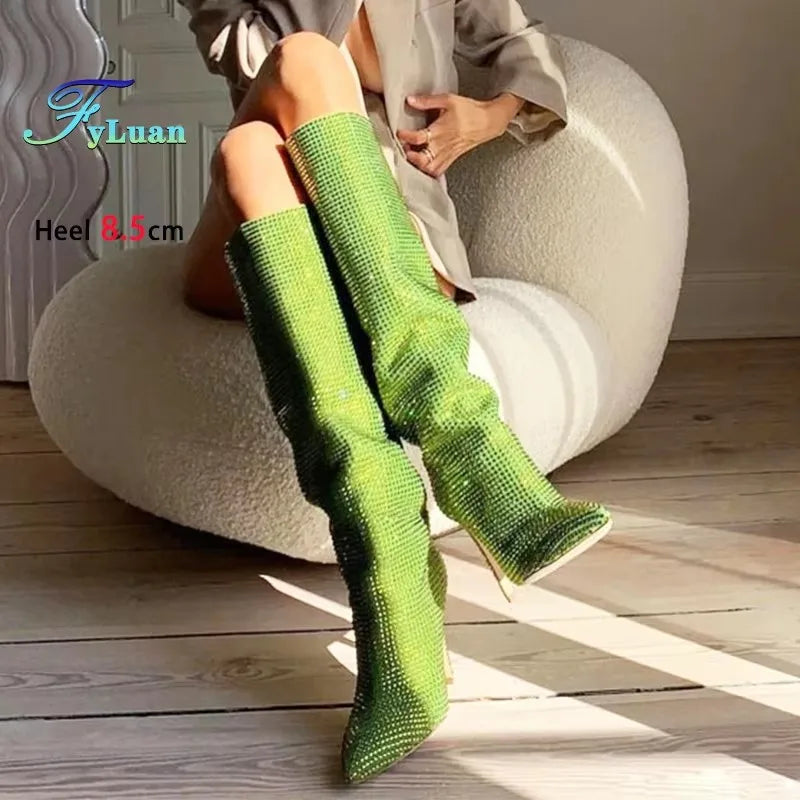 Gorgeous Rhinestones Boots Full Crystal Diamond Star Stage Shoes Women Pointy Knee-high 8.5CM Thin Heel Glitter Party Long Boots