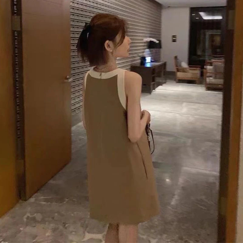 Dresses Women Patchwork Elegant Sleeveless Chic Mini Vintage Loose Korean Style Summer Simple Temperament Office Ladies Fashion