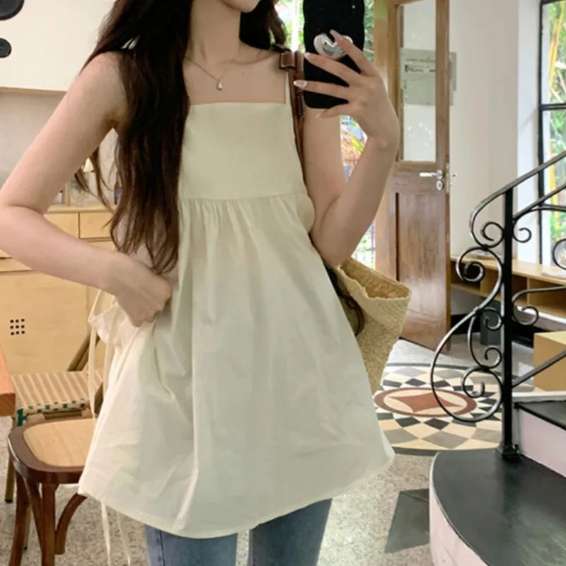 Matakawa Spring Summer Women Dresses Solid Pockets Korean Fashion Sweet Vestidos Mujer Vintage Sleeveless  Mini Dress