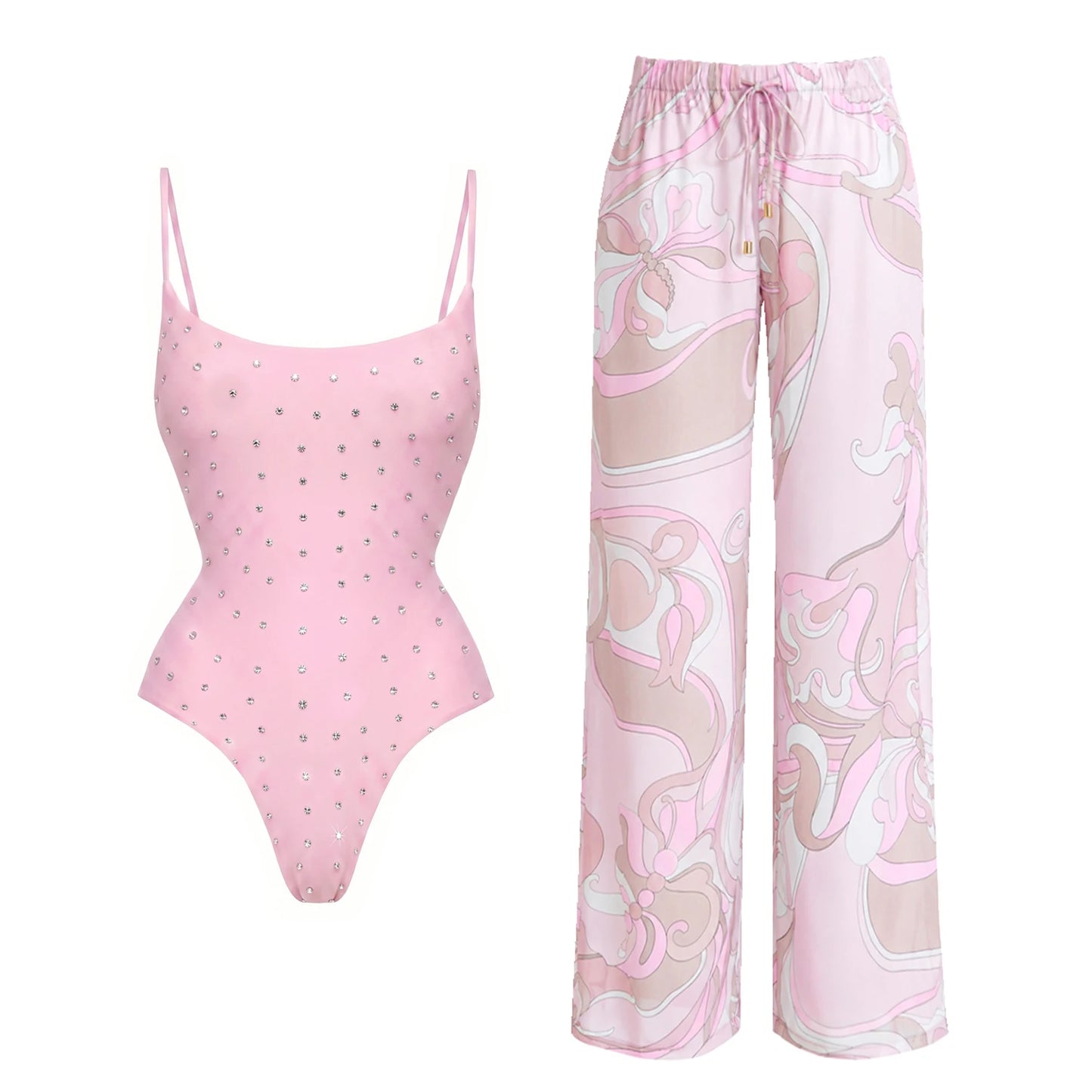 3Pcs Diamond Bikini With Cover Up Sexy Women Swimsuit Swimwear Female Bandeau Biquini Pink Print Swim Suit Beachwear Bathingsuit